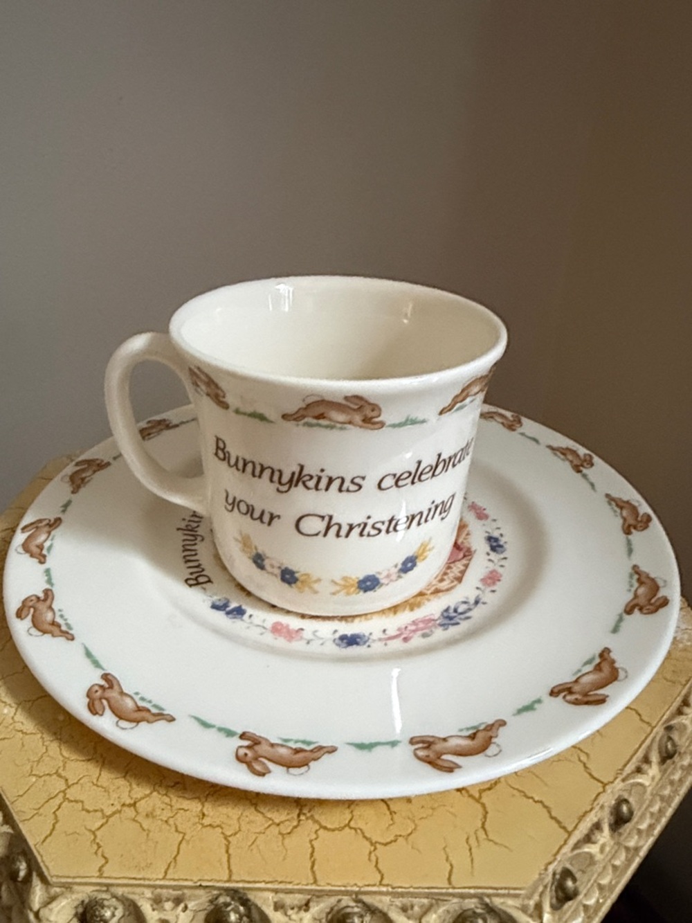 Bunnykins Christening Child's Cup & Saucer Set - White with Pastel Bunny NWT